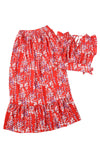 Fiery Red Multicolor Floral Ruffled Crop Top and Maxi Skirt Set-Dresses-MomFashion