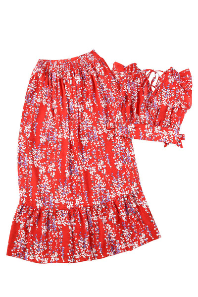 Fiery Red Multicolor Floral Ruffled Crop Top and Maxi Skirt Set-Dresses-MomFashion