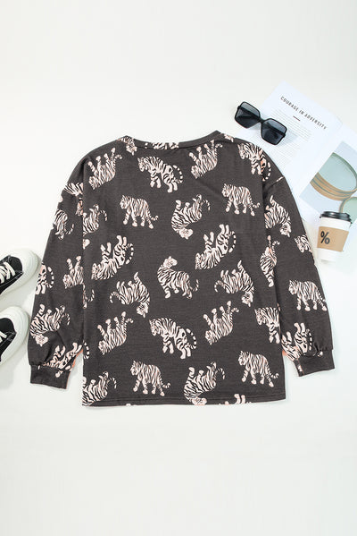 Lively Tiger Print Casual Sweatshirt-Tops-MomFashion