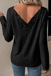 Black Floral Lace Splicing Eyelet Long Sleeve Top-Tops-MomFashion