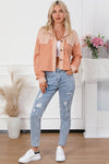 Orange Textured Waffle Knit Chest Pockets Cropped Shacket-Outerwear-MomFashion