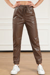 Brown Leather Tie Waist Jogger Pants-Bottoms-MomFashion