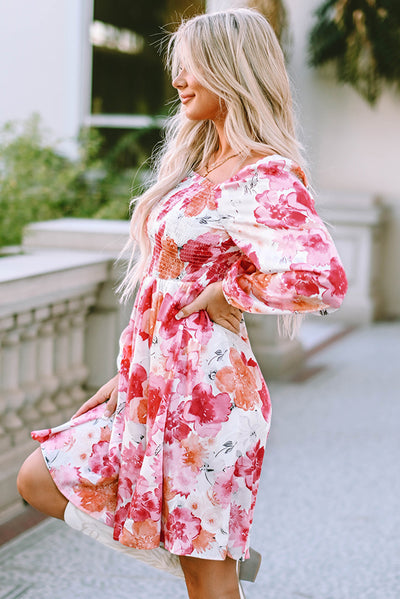 White Floral Print Smocked Puff Sleeve Mini Dress-Dresses-MomFashion