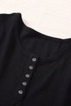 Black Waffle Knit Henley Top-Tops-MomFashion