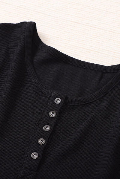 Black Waffle Knit Henley Top-Tops-MomFashion