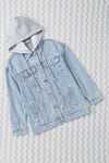 Sky Blue Button Closure Ripped Hooded Denim Jacket-Outerwear-MomFashion