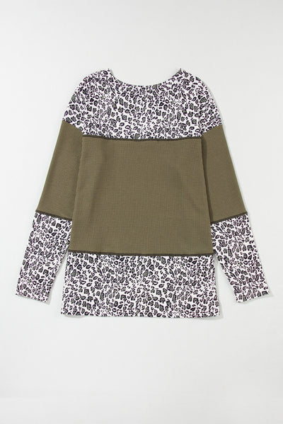 Jungle Green Leopard Print Waffle Knit Patchwork Top-Tops-MomFashion