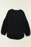 Black Faux Knit Jacquard Puffy Long Sleeve Top-Tops-MomFashion