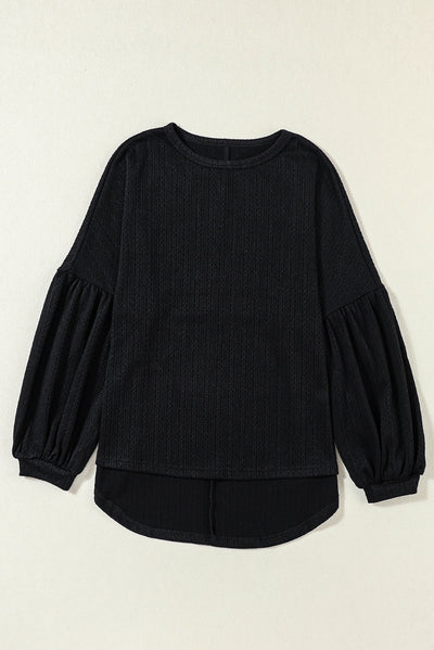 Black Faux Knit Jacquard Puffy Long Sleeve Top-Tops-MomFashion