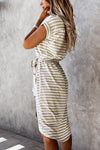 Khaki Stripe Short Sleeve Belted Wrapped Hemline T-Shirt Dress-Dresses-MomFashion