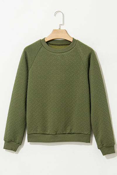 Jungle Green Solid Textured Raglan Sleeve Pullover Sweatshirt-Tops-MomFashion