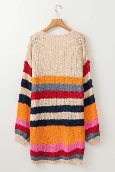 Stripes Knitted Balloon Sleeve Open Cardigan-Tops-MomFashion