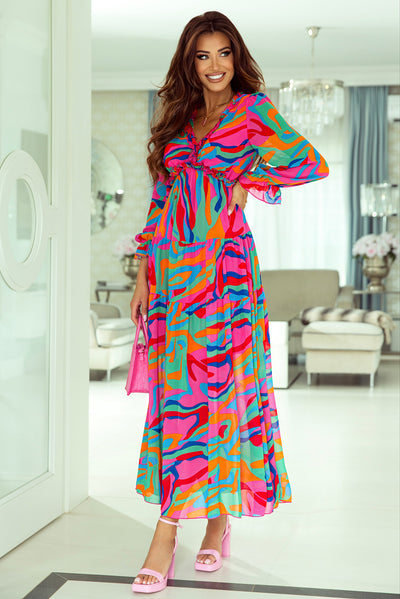 Multicolor Wild Lotus Ruffle Tiered Maxi Dress-Dresses-MomFashion