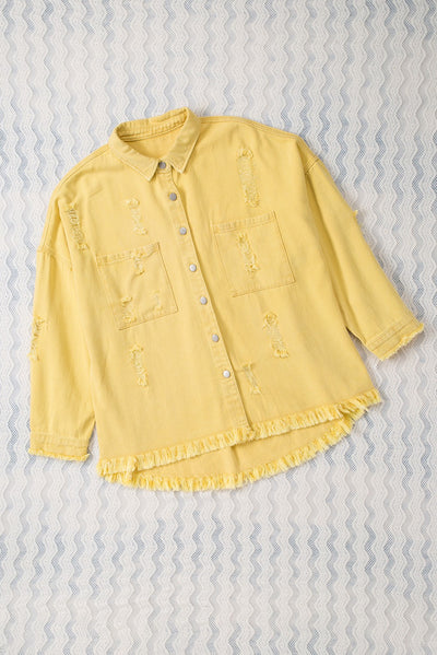 Yellow Distressed Fringe Trim Denim Jacket-Outerwear-MomFashion