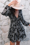 Black V Neck Baggy Sleeve Waist Tie Double Layer Ruffle Hem Floral Print Short Dress-Dresses-MomFashion