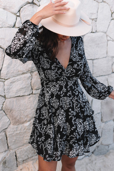 Black V Neck Baggy Sleeve Waist Tie Double Layer Ruffle Hem Floral Print Short Dress-Dresses-MomFashion