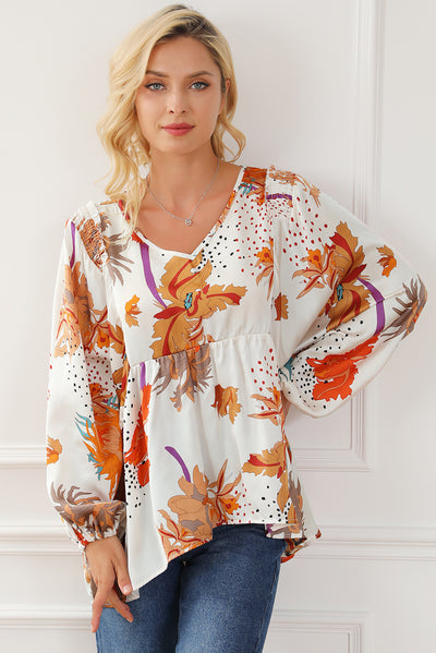 Multicolour Floral Print V Neck Babydoll Blouse-Tops-MomFashion