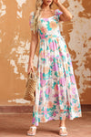 Multicolor Square Neck Puff Sleeve Tiered Floral Maxi Dress-Dresses-MomFashion