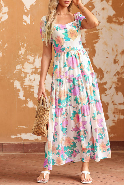 Multicolor Square Neck Puff Sleeve Tiered Floral Maxi Dress-Dresses-MomFashion