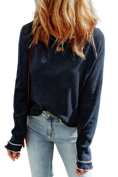 Blue Textured Round Neck Long Sleeve Top-Tops-MomFashion