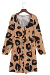 Leopard Print Button Front Bubble Sleeve Loose Knit Dress-Dresses-MomFashion