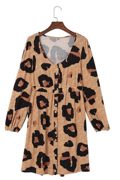 Leopard Print Button Front Bubble Sleeve Loose Knit Dress-Dresses-MomFashion