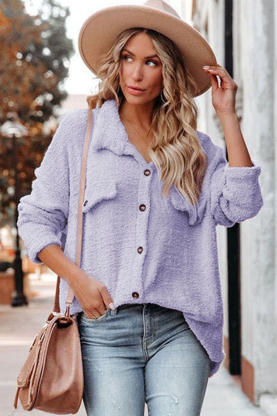 Purple Plush Button Down Pocketed Shirt Jacket-Outerwear-MomFashion