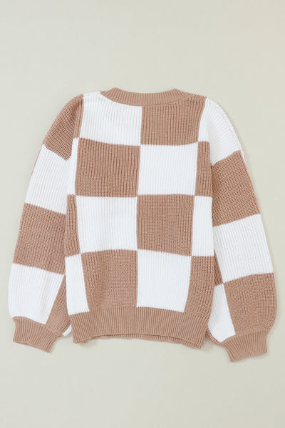 Checkered Ribbed Knit Puff Sleeve Sweater-Tops-MomFashion