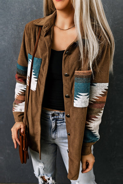 Khaki Aztec Pattern Corduroy Shacket-Outerwear-MomFashion