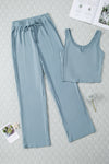 Blue Ribbed Crop Tank Drawstring Lounge Pants Set-Loungewear-MomFashion