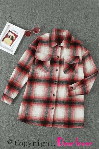 Red Turn down Neck Plaid Pocket Button Closure Coat-Outerwear-MomFashion