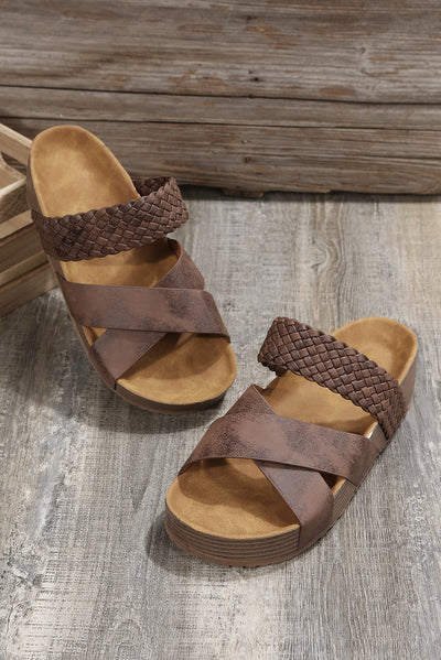 Brown Braided Detail Criss Cross Platform Slippers-Shoes & Bags-MomFashion