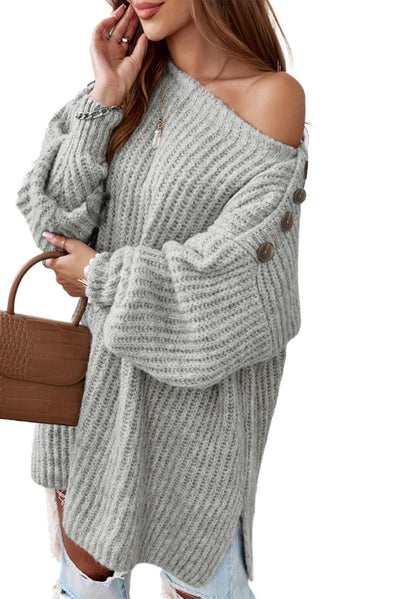 Gray Buttoned Drop Shoulder Oversized Sweater-Tops-MomFashion