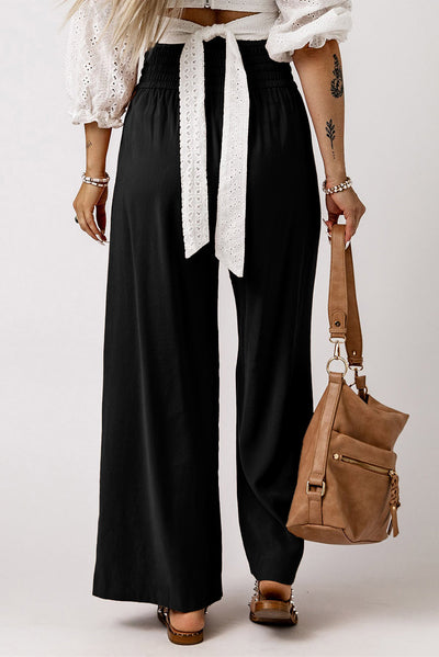 Black Drawstring Elastic Waist Casual Wide Leg Pants-Bottoms-MomFashion