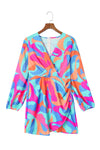 Multicolor Abstract Print Wrap V Neck Puff Sleeve Dress-Dresses-MomFashion