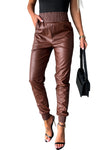 Brown Smocked High-Waist Leather Skinny Pants-Bottoms-MomFashion