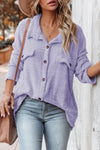 Purple Plush Button Down Pocketed Shirt Jacket-Outerwear-MomFashion