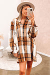 Khaki Plaid Pattern Collared Neck Ruffled Sleeve Shirt Dress-Dresses-MomFashion