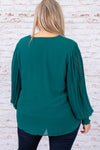 Green Pleated Bubble Sleeve Plus Size Blouse-Plus Size-MomFashion