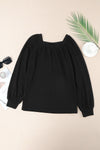 Black Scoop Neck Puff Sleeve Waffle Knit Top-Tops-MomFashion