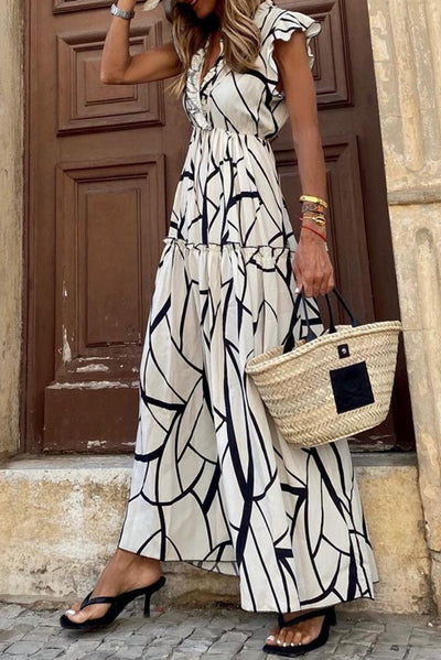 White Abstract Vein Print V Neck Ruffle Maxi Dress-Dresses-MomFashion