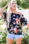 Blue Ruffle Off Shoulder Flounce Sleeve Floral Blouse-Tops-MomFashion