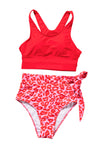 Fiery Red Sky Blue Floral Printed High Waist Waist Lace Up Bikini Set-Swimwear-MomFashion