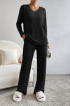 Black Ribbed Knit V Neck Slouchy Two-piece Outfit-Loungewear-MomFashion