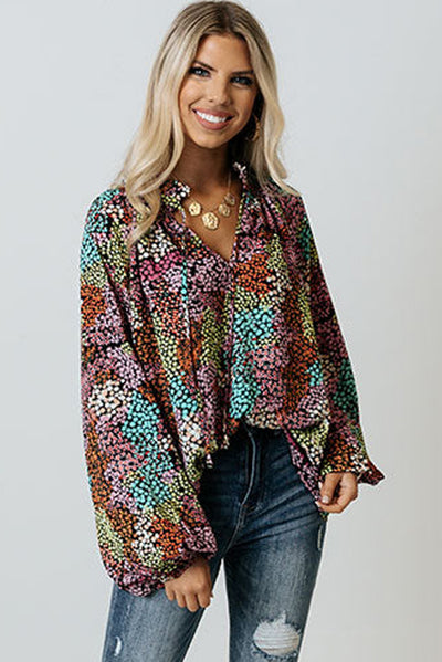 Multicolor Vibrant Floral Tie V Neck Puff Sleeve Blouse-Tops-MomFashion