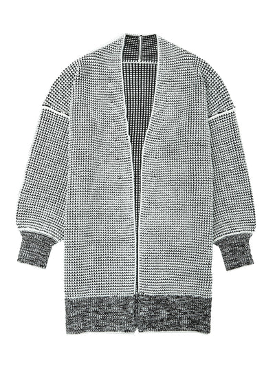 Gray Plaid Knitted Long Open Front Cardigan-Tops-MomFashion