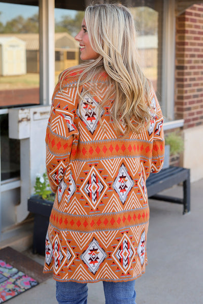 Brown Aztec Geometric Knit Open Front Cardigan-Tops-MomFashion