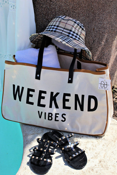 White WEEKEND VIBES Canvas Tote-Shoes & Bags-MomFashion