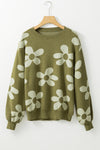 Spinach Green Big Flower Knit Ribbed Trim Sweater-Tops-MomFashion