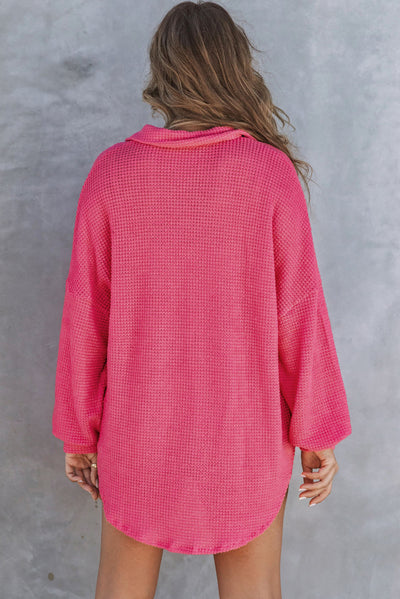 Pink Waffle Knit Button Up Casual Shirt-Tops-MomFashion